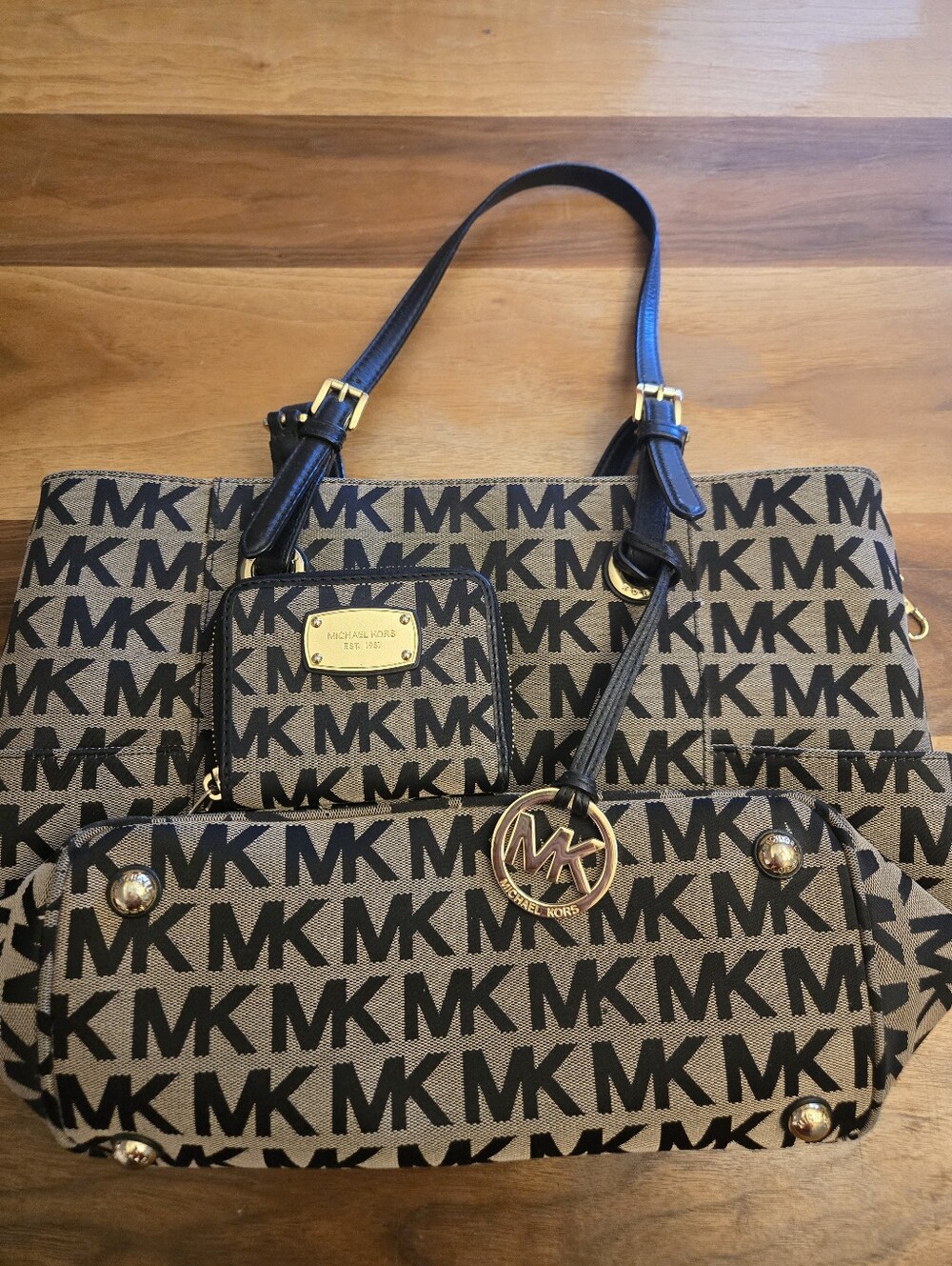 Michael Kors Tan and Black MK Logo Tote with Gold Hardware